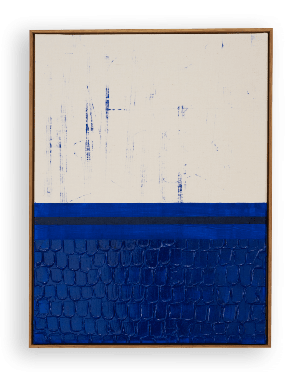 Søren Sejr, Composition Blue. Vanished scribble, one line oil stick, one block tiles bottom, 2025