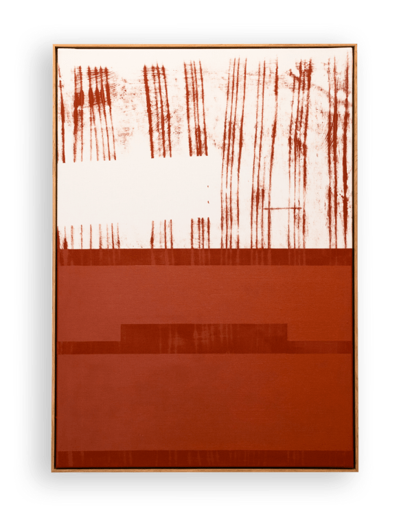 Søren Sejr, Composition Red. Heavy vertical brushstrokes top, open space left, one big block oil stick with open hat bottom, 2025