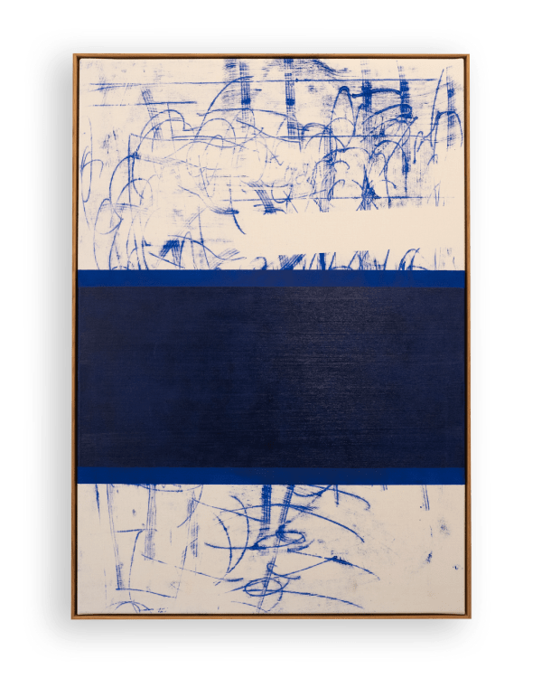Søren Sejr, Composition Blue. Mixed scribble top, open space right, one block oil stick, mixed scribble bottom, 2025