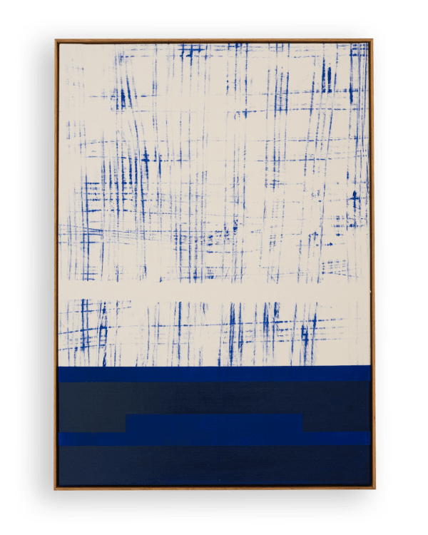 Søren Sejr, Composition Blue. Scribble grid top, open thin line middle, one block oil stick with open hat bottom, 2025