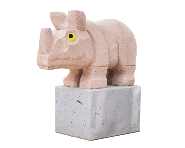 Olaf Breuning Sad and worried animals / Rhino, 2020 Coffee cantera degollado, ceramic eyes