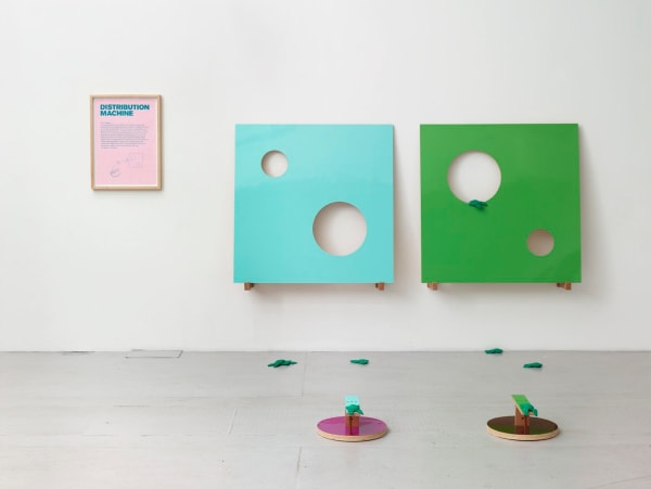 SUPERFLEX FREE BEER / COUNTER-GAME STRATEGIES / DISTRIBUTION MACHINE, 2006 Wood, laminate, cotton frogs, drawing (framed)