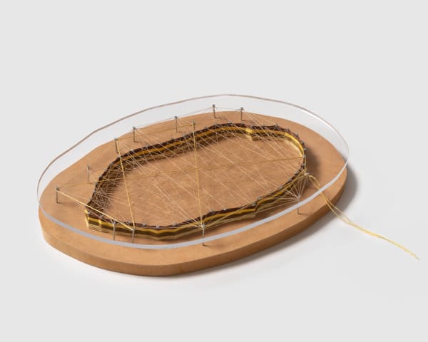 Charlotte Brüel Haiku Object I think that:, 2012-2015 Acrylic glass, thread, embroidery yarn, nails, mdf plate