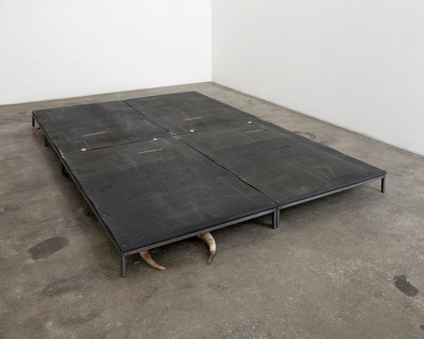 Lea Porsager Erasure Beds (+ drooping horns), 2023 Waterbeds for cows, horns, iron structure and rubber