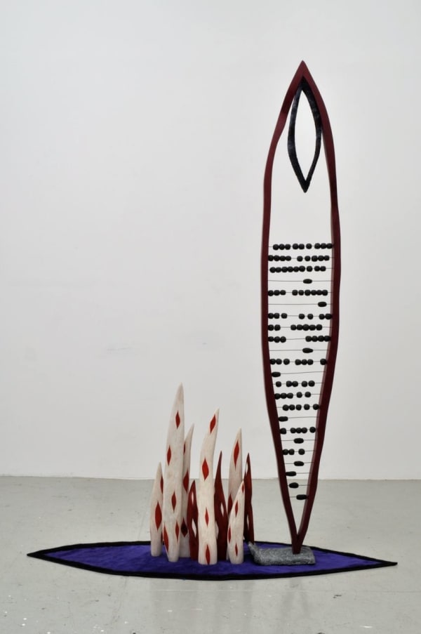 Matthew Ronay Viril Bleeding Horns / Menstrual, 2011 Purple heart, basswood, lamb's leather, duvetyn, plastic, steel, dye, shellac based primer