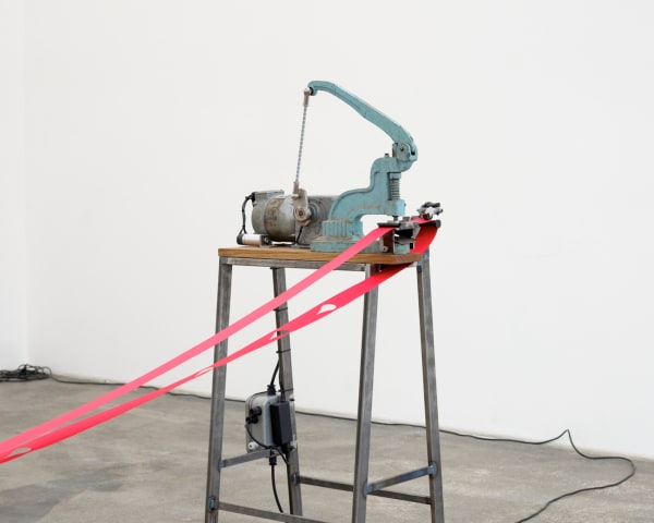 Runo Lagomarsino The Persistent Action of a Falling Tear, 2023 Mechanical puncher, motors, metal structure and paper