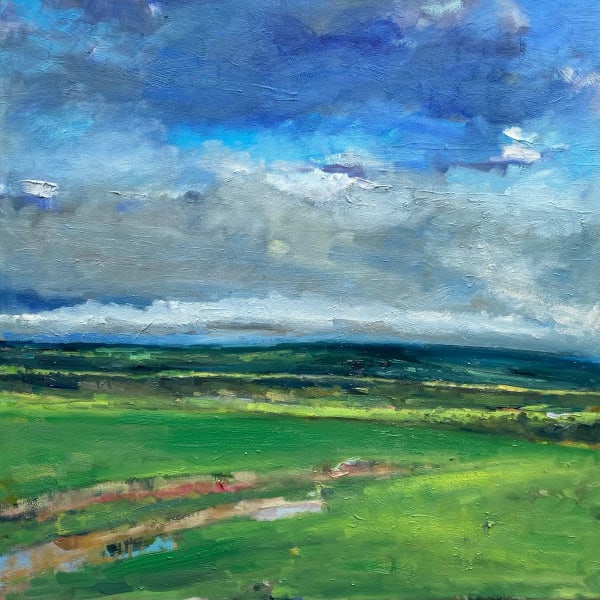 English Countryside Landscape Blue Green Scenic River Greenery Sky Field Oil Painting