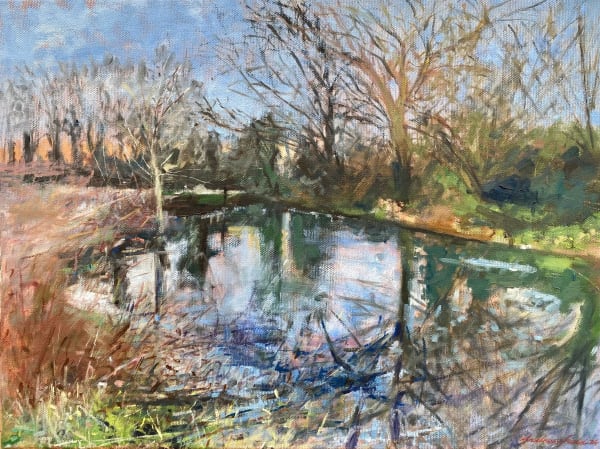 English Countryside Landscape Blue Green Scenic River Greenery Sky Field Oil Painting