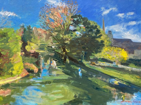 English Countryside Landscape Blue Green Scenic River Greenery Burford Sky Field Oil Painting