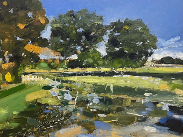 English Countryside Landscape Blue Green Scenic River Greenery Sky Field Oil Painting