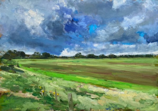English Countryside Landscape Blue Green Scenic River Greenery Sky Field Oil Painting