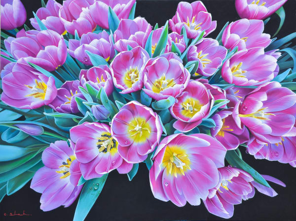 Realism Tulips Purple Flowers Oil Painting Black