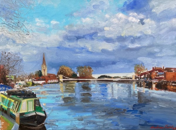 English Landscape Blue Boat Scenic River Sky Oil Painting