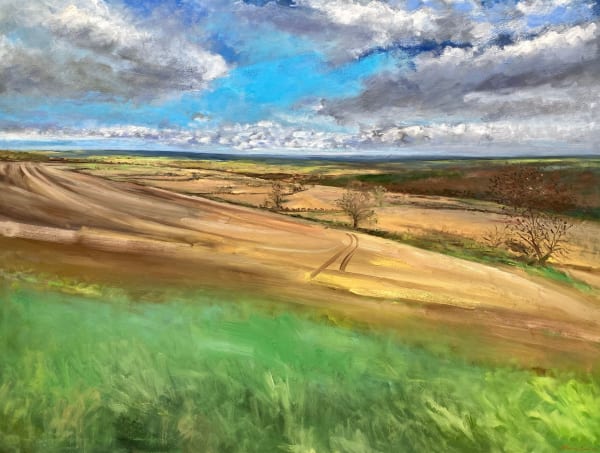 English Cotswolds Countryside Landscape Blue Green Scenic Greenery Sky Field Oil Painting
