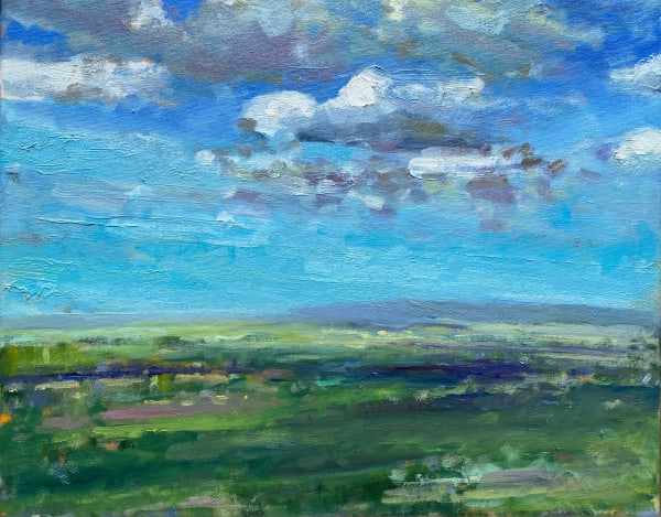 English Countryside Landscape Blue Green Scenic River Greenery Sky Field Oil Painting