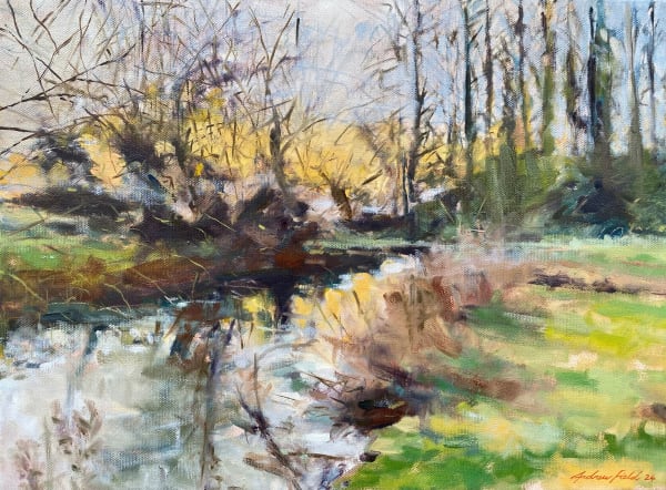 English Countryside Landscape Blue Burford River Scenic Sky Field Oil Painting