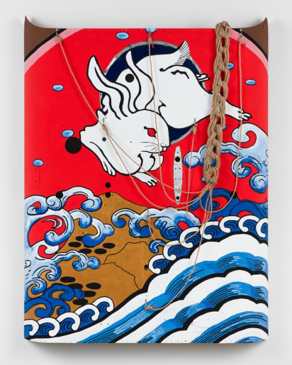 Claire Healy & Sean Cordeiro Nami Usagi, 2020 acrylic gouache paint & jute cord on helicopter panel 157 x 125 x 14 cm