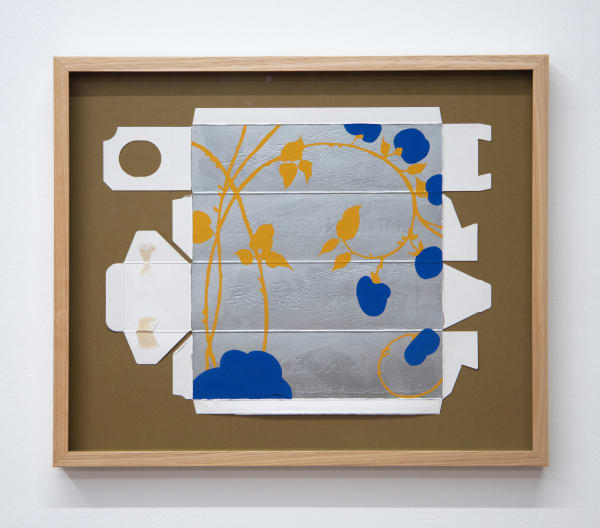 Claire Healy & Sean Cordeiro Madame Pellier's Sommelier on Silver, 2022 acrylic gouache on booze box 53 x 62.5 cm