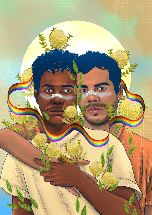 Dylan Mooney Rising Above, 2023 digital illustration with Yuwi ochre and ink Large: 118.9 x 84.1 cm | ed. of 5 + 2 AP Medium: 84.1 x 59.4 cm | ed. of 10 + 2 AP