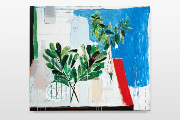 Sally Anderson After Olley’s still life with leaves, orchids (for dad), 2025 acrylic on canvas 137 x 153 cm