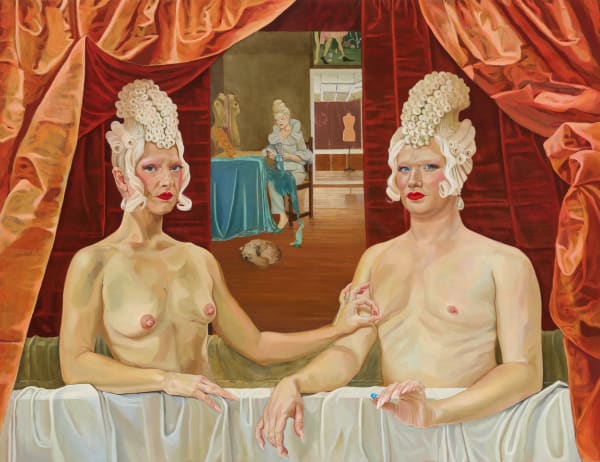 Natasha Walsh The Marriage of Nicol and Ford, 2023 oil on copper 38 x 50 cm Sitters: Katie Ford and Lilian Nicol Reference: Artist unknown, Gabrielle d'Estrées et une de ses soeurs (c.1954) Finalist in the 2024 Archibald Prize Included in The National 4: Australian Art Now