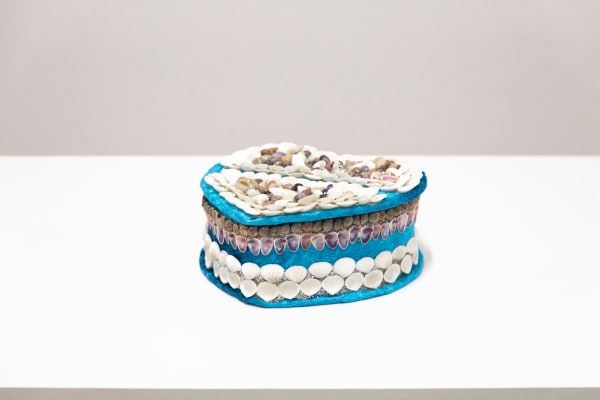 Marilyn Russell Jewellery Box (teal), 2025 shells, velvet, glitter, glue, paper, plywood 18 x 20 x 7 cm
