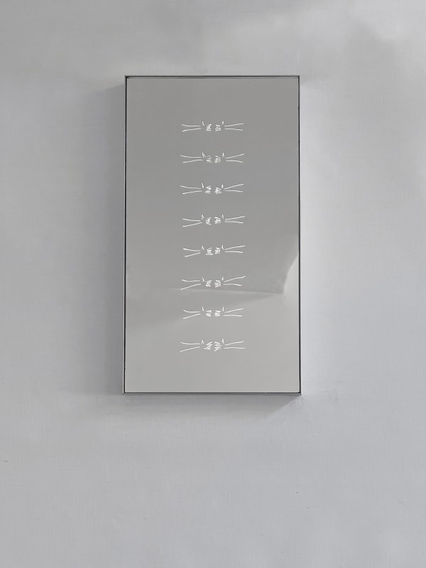 Tom Blake leafing, holding, 2025 hand etched de-silvered mirror, light box, artist made aluminium frame 41 x 21 cm
