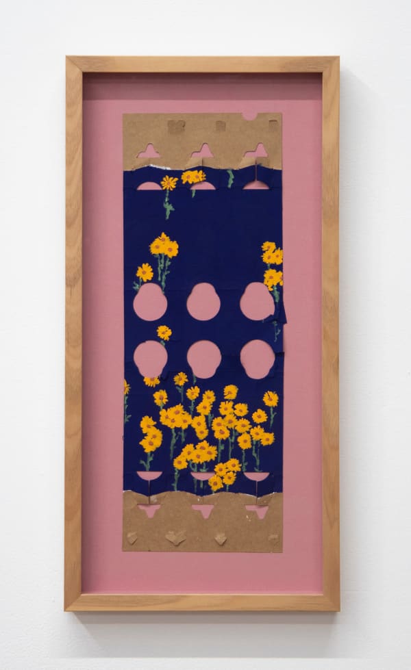 Claire Healy & Sean Cordeiro The Pitter Patter of Daisy Scatter, 2022 acrylic gouache on booze box 64 x 31 cm