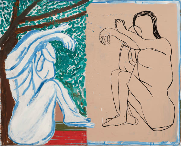 Sally Anderson PMB's Seated Reclining Mother and Child Mirror Maze, Two Truths, 2023 acrylic on polycotton 137 x 168 cm