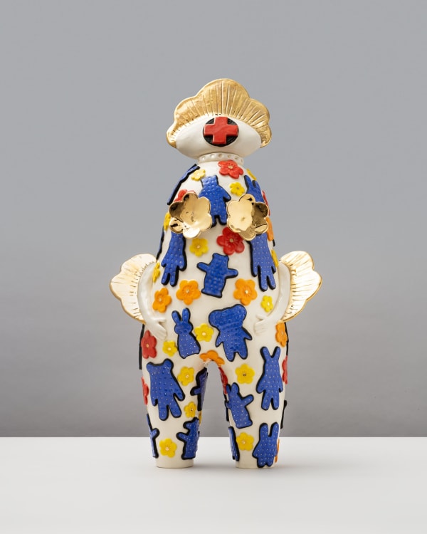 Vipoo Srivilasa Salutaris, the Patron of Well-being, 2024 clay, glaze, gold lustre & mixed media 57 x 34 x 16 cm