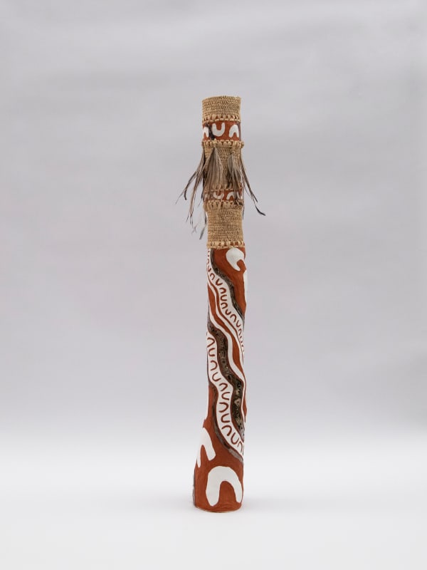 Kyra Mancktelow born under a tree VI, 2021 earthenware, pigment, lead glaze, woven natural fibres, emu feathers, fired 3 times 93.5 x 12 x 12 cm