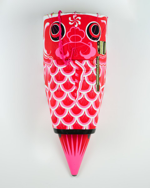 Claire Healy & Sean Cordeiro Koinobori, 2020 acrylic gouache paint & polyester cord on helicopter intake 210 x 85 x 50 cm