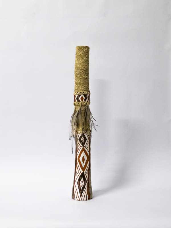 Kyra Mancktelow born under a tree VII, 2021 earthenware, pigment, lead glaze, woven natural fibres, emu feathers, fired 3 times 83.5 x 13 x 13 cm