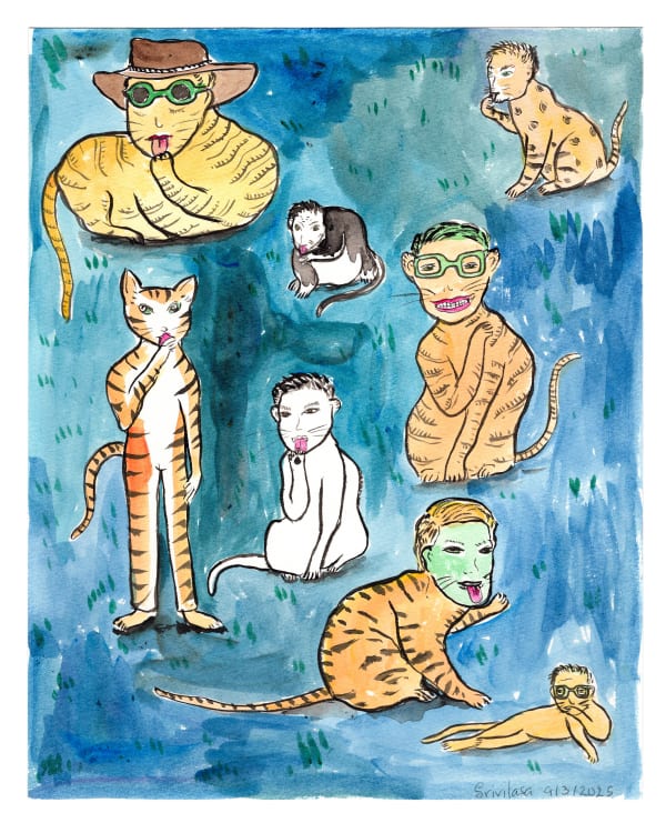 Vipoo Srivilasa Self Portrait as Magic Cats, 2025 ink and acrylic on paper 34 x 28 cm