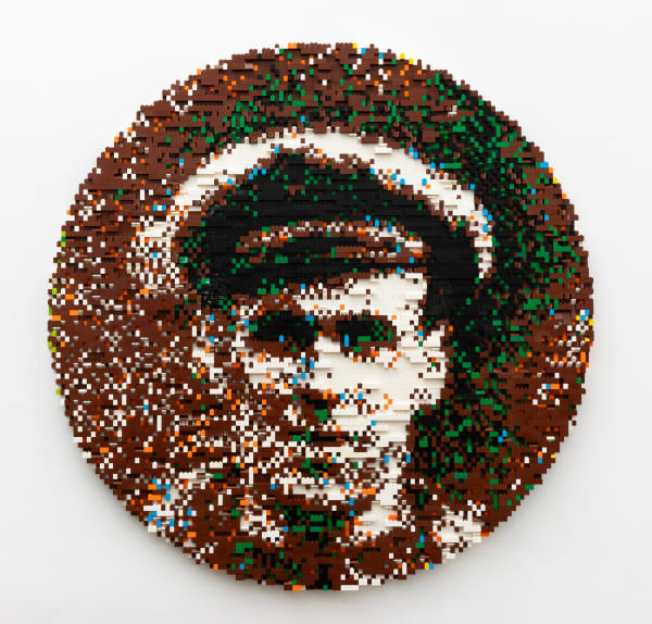 Claire Healy & Sean Cordeiro Goddard’s Delayed Departure, 2023 recontexualised lego on board 100 x 100 x 3.2 cm