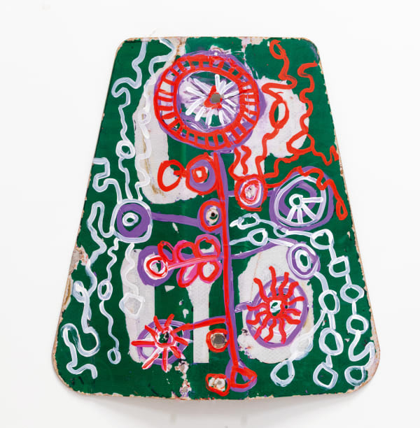 Sally Scales CP, 2025 acrylic paint on road sign 45 x 43 cm