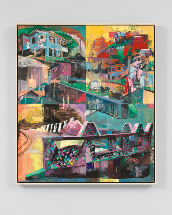 Che Lovelace, Composition with Decorated Stone Wall, Hills and Houses, 2025