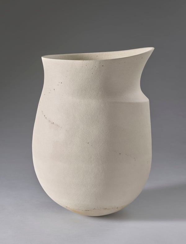 Jennifer Lee, Large Pale Asymmetric, Speckled Bands, Swooped Rim Stoneware, 1989