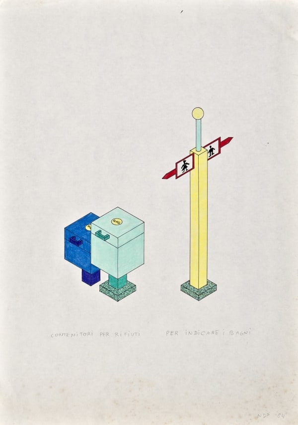Nathalie Du Pasquier, Contenitori per Rifiuti - per Indicare i Bagni (Trash Container, Sign Post for Restrooms), 1984