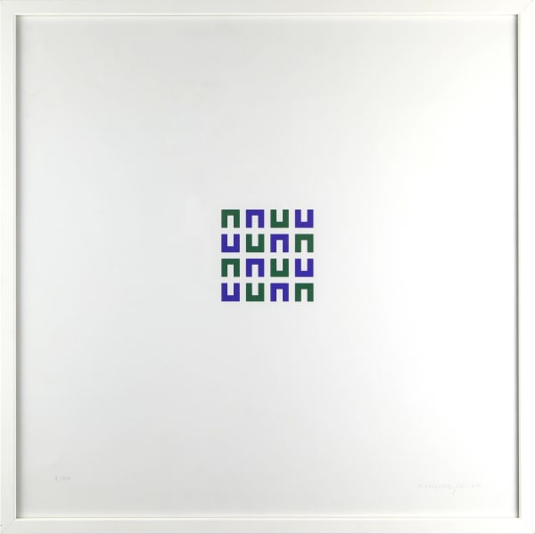 Vera MOLNAR, 16 éléments verts et bleus (Lettre U), 2003