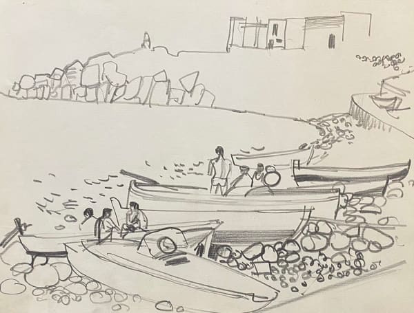Alberto Morrocco OBE (1917-1998), Boats on a Pebble Beach, Italy