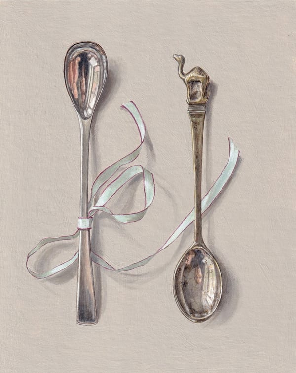Rachel Ross, Two spoons with pale blue silk