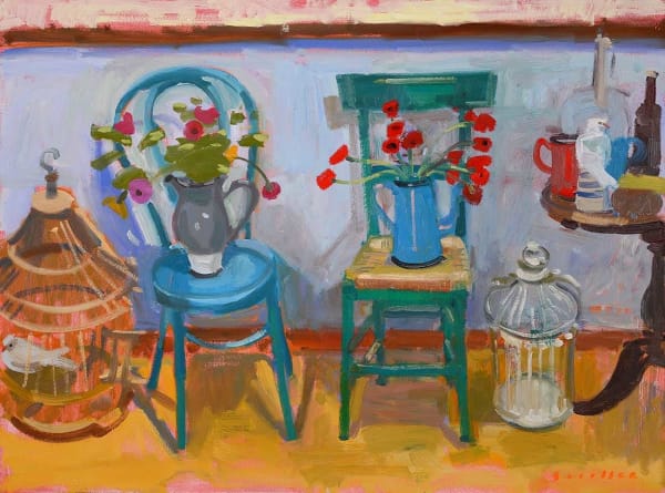 Glen Scouller RSW RGI, Still Life -Two Chairs and Bouquets