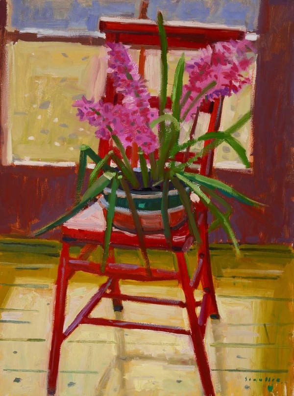 Glen Scouller RSW RGI, Still Life, Red Chair & Hyacinths