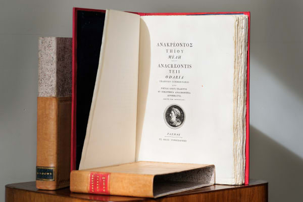 (Giovan Battista Bodoni) ANACREONTE. Teii Odaria prefixo Commentario quo poetae genus traditur et biblioteca Anacreonteia adumbratur. Parmae, ex Regio Typographeio, 1784