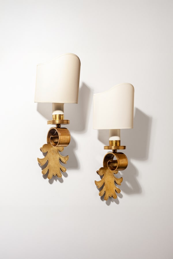 Pair of Italian Brass Scrolling Leaf Wall Sconces, c. 1960