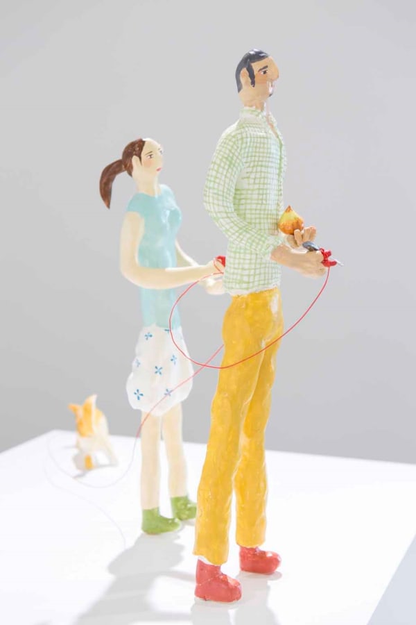 Akira The Hustler Red String “Onion”, 2010 Acrylic on clay Dog: 20 x W7 x H11.5 cm, Woman: 14 x W14 x H48 cm, Man: 14 x W15 x H55 cm