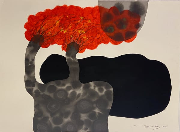 Zai Kuning Burning Spring in Monsoon, 2023 Batik dye, turmeric, chilli powder, acrylic, pencil and ink on paper 56.5 x 75.5 cm