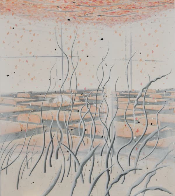 Tomoko Kashiki The Love Between Goldfish and I, 2019 Acrylic, pencil, silica sand, linen, wooden panel 178×158 cm