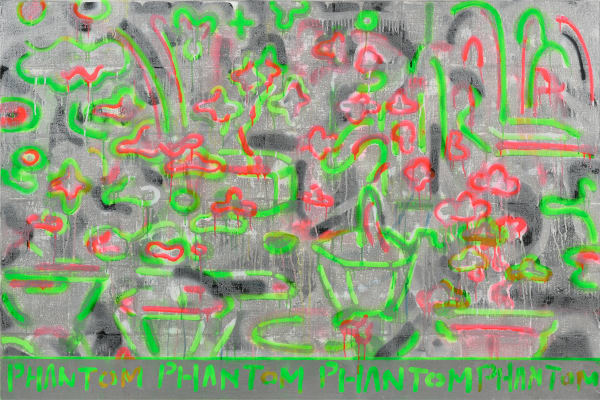 Masanori Handa PHANTOM, 2024 Acrylic, gelatin, ink, oil paint on canvas mounted on wood panel 97 x 145.5 cm